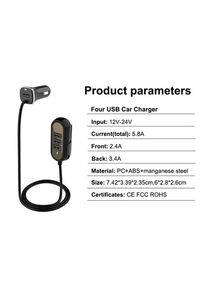 4 Usb Araç Şarj Cihazı 5.8a 4 Port Hızlı Araç Şarj Adaptörü