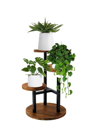 Çiçeklik 3 Raflı Saksılık Dekoratif 3 Raflı Çiçeklik Metal Doğal Ahşap Saksılık Çiçek Rafı Daire Model Diğer