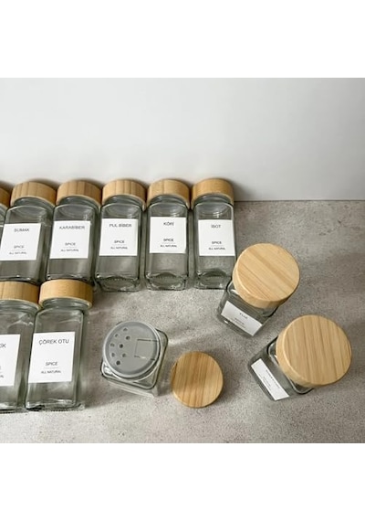 12 Li Bambu Kapaklı Kare Formlu Cam Baharatlık Seti 120 Ml / 16 Adet Etiket Hediye Açık Bej