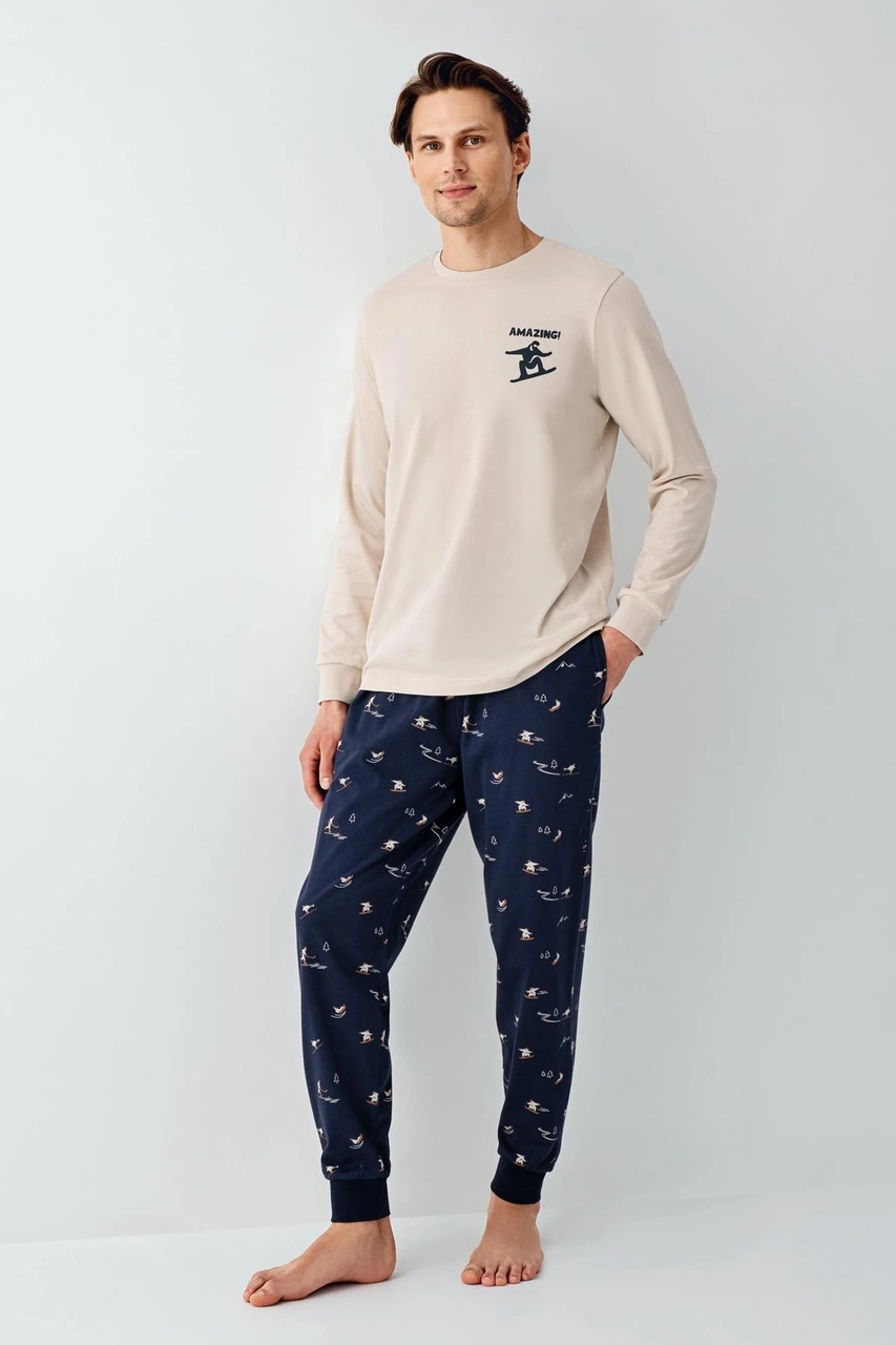 Arnetta Erkek Amazing Pamuk 4 Mevsim Baba-Oğul Uzun Kollu Pijama Takım Bej