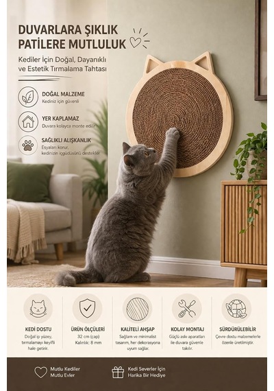 Minimalist Şık Kedi Tırmalama Tahtası / Doğal Ahşap Ve Doğal Jüt İp / Çevre Ve Kedi Dostu Hem Yapışkanlı He
