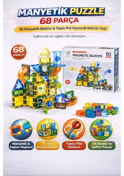 Manyetik Bloklar 68 Parça 3d Yapı Kurma Ve Toplu Pist Eğitici Oyuncak Seti