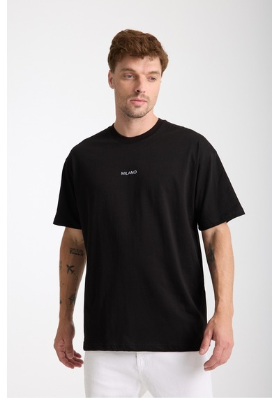 Cool Tarz Erkek Siyah Milano Nakış Yazılı Oversize Bisiklet Yaka T-shirt Siyah Siyah
