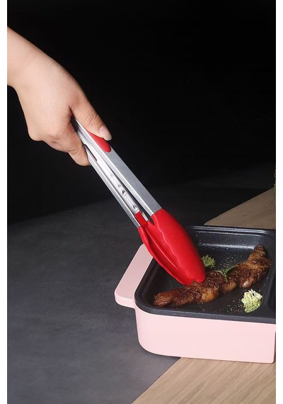 Çelik Silikon Maşa 33 Cm Kırmızı Mutfak Biftek Barbekü Salata Ekmek Maşası Mt145