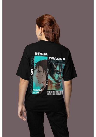 Eren Yeager Attack On Titan Sırt Baskılı Unisex Oversize Anime Ka Siyah