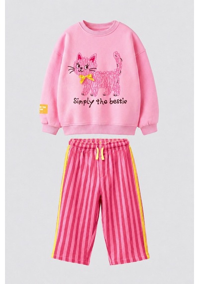 Monila Kız Çocuk Pembe Kedi Baskılı Sweatshirt Ve Pembe Çizgili Eşofman Alt Üst Takım