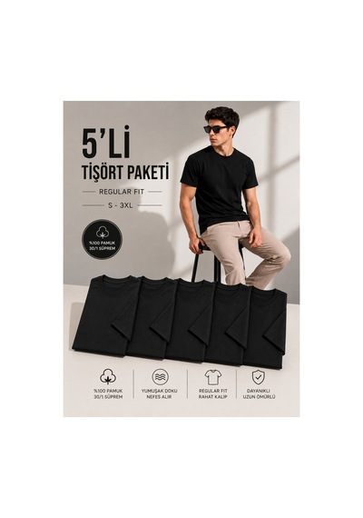 Masion Rae Erkek 5'li Basic Regular Fit Tişört Seti %100 Pamuk Bisiklet Yaka Siyah Renk
