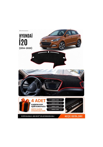 Hyundai İ20 2014-2020 Uyumlu Torpido Örtüsü, Torpido Kılıfı - Siyah Kırmızı