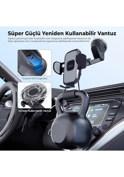 Bix Bxch7 Çift Fonksiyonlu Araç İçi Vantuzlu Telefon Tutucu Siyah