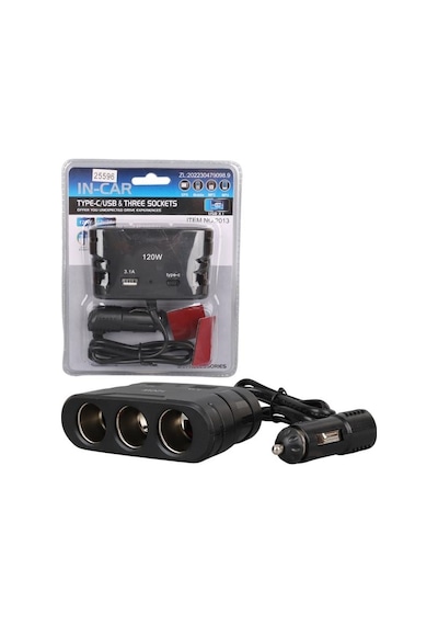 Olesson 2013 12-24v Type-c + Usb Girişli 120w 80 Cm Kablolu 3'lü Araç Çakmak Çoklayıcı
