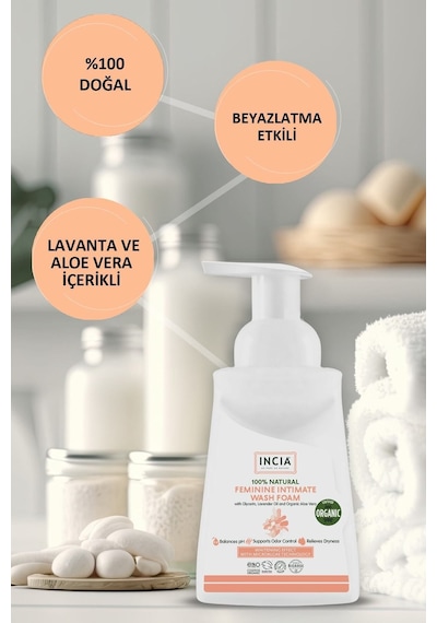 INCIA %100 Doğal İntim Yıkama Köpüğü pH 3.8 Beyazlatma Etkili ve Koku Önleyici Vegan 200 ML