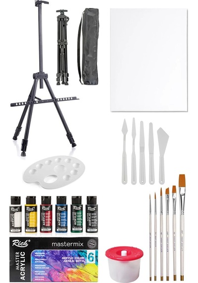 Rich Mastermix Akrilik Boya Seti 6 Ana Renk 3 Ayaklı Metal Şövale 35x50 Tuval Plastik Spatula Seti 6
