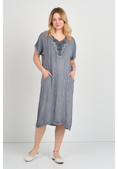 Ella Camelia Kadın Omuz Detaylı Çift Cepli Kendinden Desenli Elbise 19e074 Indigo Indigo