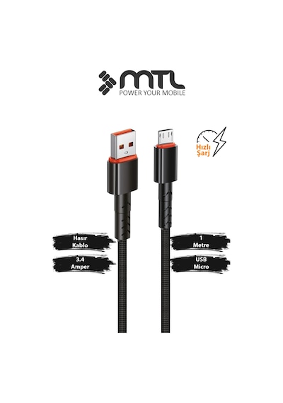 3.4a Usb To Micro Usb Hasır Örgülü Hızlı Şarj Ve Data Kablosu 1 Metre Siyah Mt2014