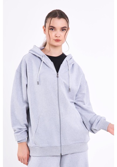 Comeor Gri Kanguru Cepli Kapüşonlu Fermuarlı Oversize Kadın Sweatshirt Cmrb73-gri Gri