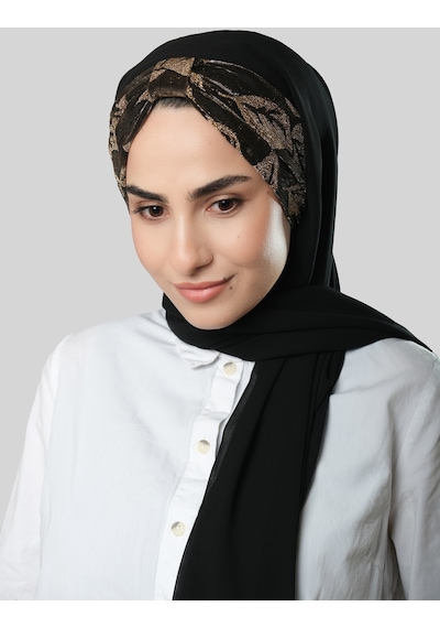 Hürrem Bone Siyah Simli Arkadan Bağlamalı Şal Şifon Çiçek Desenli 2318 01