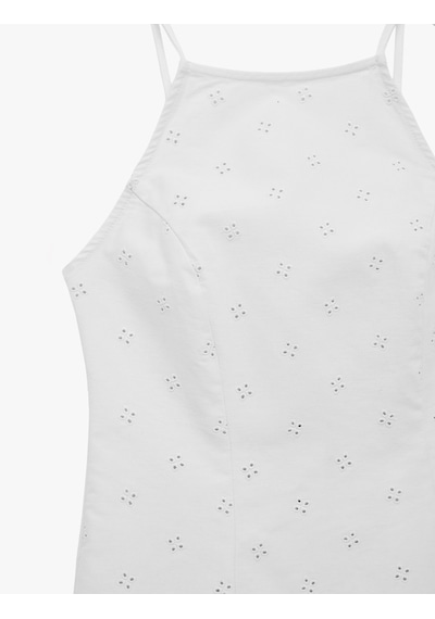 Koton Pamuklu Halter Yaka Nakışlı Bodycon Mini Fisto Elbise Beyaz 6sal80002mw