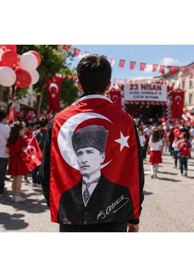 Atatürk Resimli Kalpaklı Türk Bayrağı 100x150 Cm Büyük Boy Balkon, Tören Ve Özel Gün Bayrağı Tek Ebat