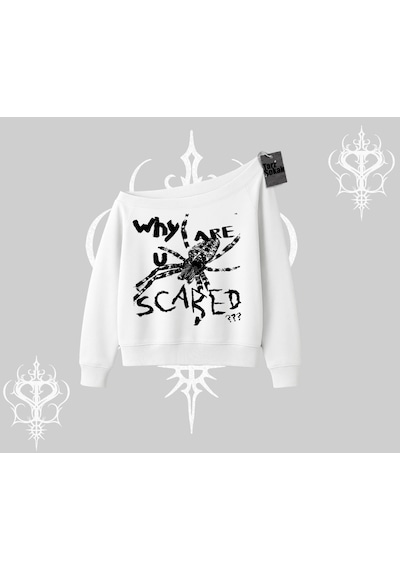 Beyaz Kayık Yaka Sweatshirt Why Are U Scared Beyaz