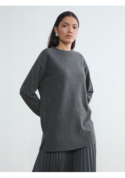 Lcwaıkıkı Classic Antrasit Soft Touch Taşlı Kadın Sweatshirt Tunik