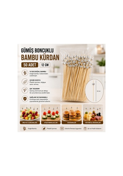 Silver Boncuklu Bambu Kürdan 12 Cm 50 Adet - 913892984