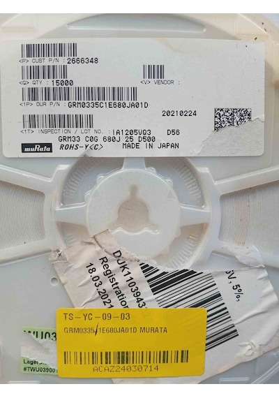 Grm0335j1e680ja01d Murata 68 Pf / 25 V / C0g / 0201 1000 Adet