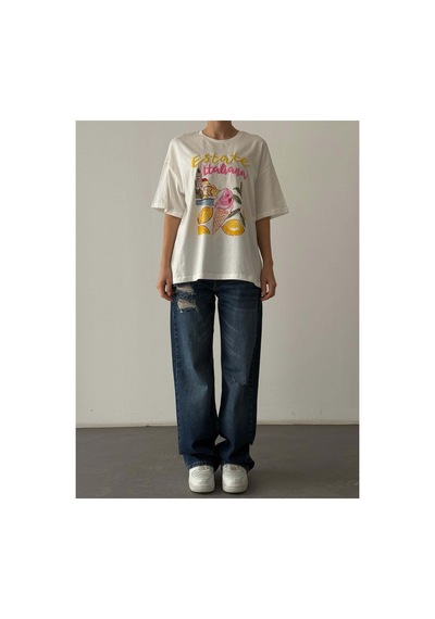 Quzu Baskı Detaylı T-shirt Ekru