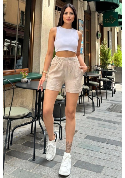 WeShaya Kadın Bej Beli Lastikli, Cepli, Duble Paça, Kısa Keten Şort Bej