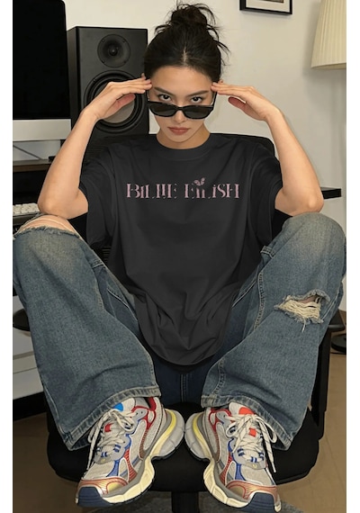 Sevbano Vintage Billie Eilish Şarkıcı Baskılı Unisex Oversize Premium Tiş Siyah