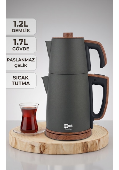 Egetürk TeaDem Style Ahşap Görünümlü Çay Makinesi Çaycı 2000W 1.7L Kettle 1.2L Demlik 304 Çelik Gövde Antrasit