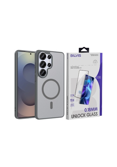 Vendas Samsung Galaxy S26 Ultra Kılıf M-safe Şarj Özellikli Zore Babet Kapak + Bilvis Cam Ekran Koruyucu Gri
