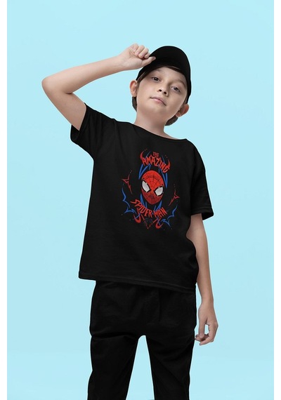 Sevbano The Amazing Örümcek Adam Baskılı Unisex Kahraman Film Çocuk Tişör SIYAH