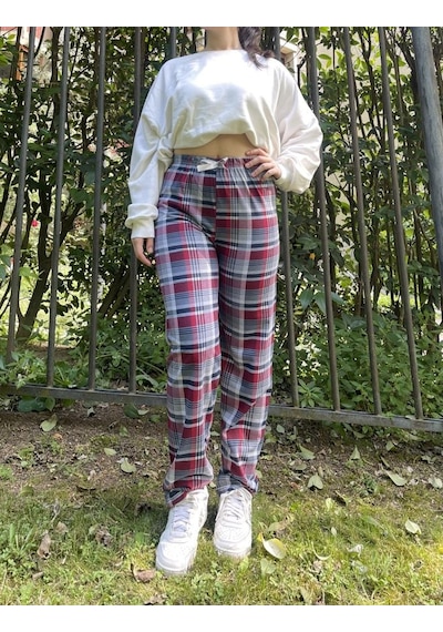 Kadın Pamuklu Ekose Desenli Pijama Altı Eşofman Kurdeleli