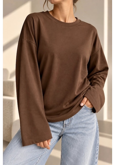 Bb Butik Basic Kadın Modal Oversize Bisiklet Yaka Sweatshirt Zg3535 Kahverengi