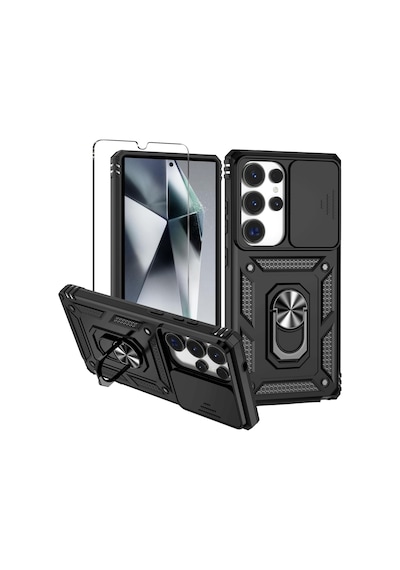 Samsung Galaxy S25 Ultra Uyumlu Kamera Sürgülü Tank Kılıf Ve Temperli Cam Ekran Koruyucu Set Siyah