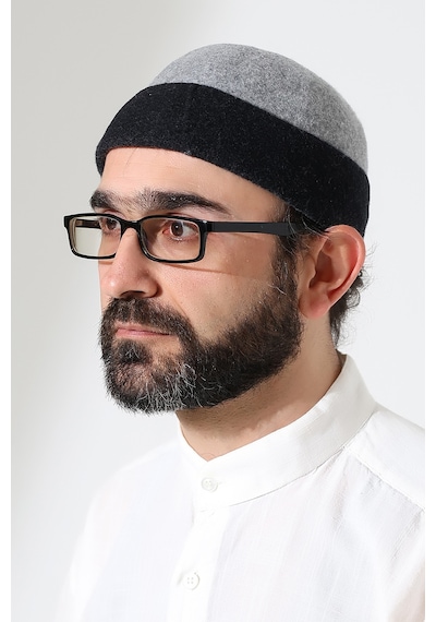 Erkek İki Renkli Keçe Yün Derviş Takke - Gri Siyah Gri - Siyah