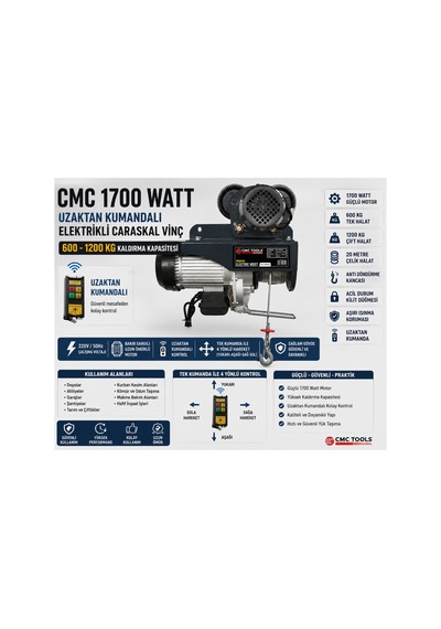 Cmc 1700 Watt Şaryolu Kumandalı Elektrikli Caraskal Vinç 600-1200 Kg