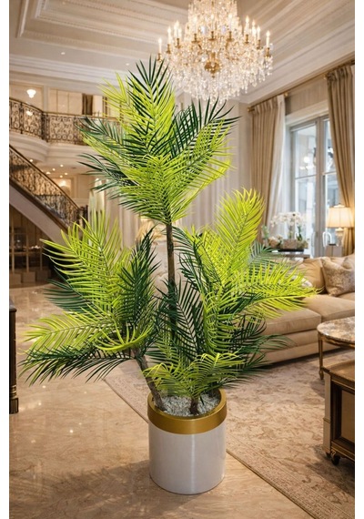 Areka 4 Gövdeli Ağaç Beyaz Gold Lux Metal Saksı Dahıl Yeşil