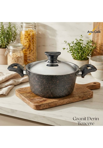 20 Cm Granit Derin Tencere Çelik Kapak - Siyah Siyah