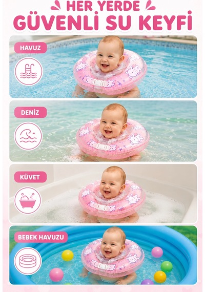 Bebek Yüzme Boyun Simidi - Güvenli Çift Tokalı Bebek Deniz & Havuz Simidi - Pembe Tavşan Figürlü Nr0