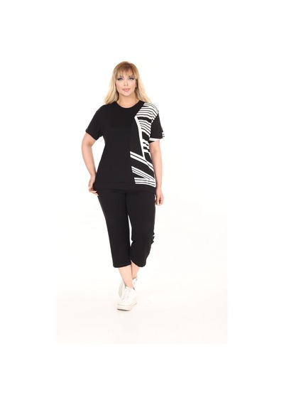 Kısmet Sepeti Kadın Siyah Kapri Tshirt Beyaz Desenli Şık Viskon Penye Alt Üst Takım Siyah Beyaz Desenli