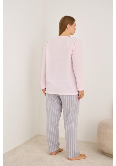 Siyah İnci Büyük Beden Polar Kışlık Örme Pijama Takım 25222563 Pembe