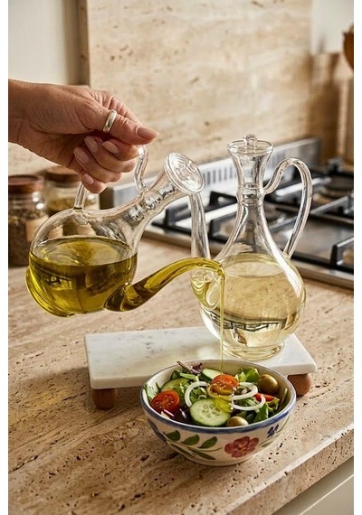 Mermer Stantlı 2'li Borosilikat Cam Yağlık Sirkelik Seti 750 Ml - Akıtmayan Kulplu Cam İbrik Yağdanlık Şeffaf