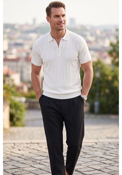 Rizzup Erkek Fermuarlı Beyaz Polo Yaka Triko Tişört Regular Fit Rahat Kesim 2604360