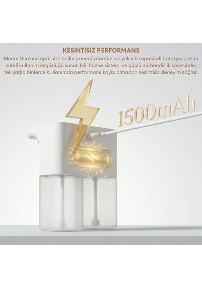 Pizen Bloom Duo Çift Hazneli Otomatik Sensörlü Şarjlı Sıvı Sabunluk 3 Kademeli Ipx5 Suya Dayanıklı Beyaz