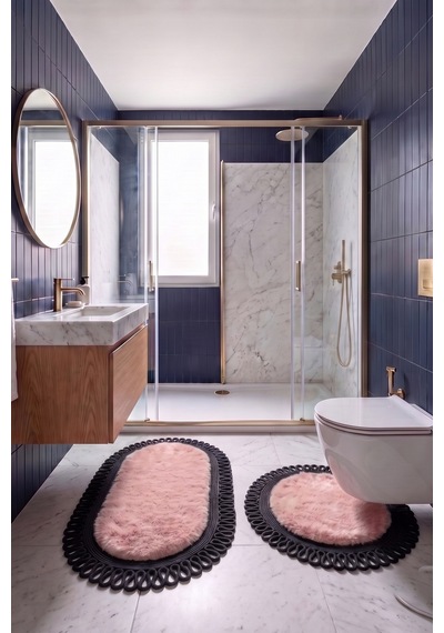 Banyo Paspası Takımı 60x100+60x60 Cm Dış Trikot Pembe & Siyah