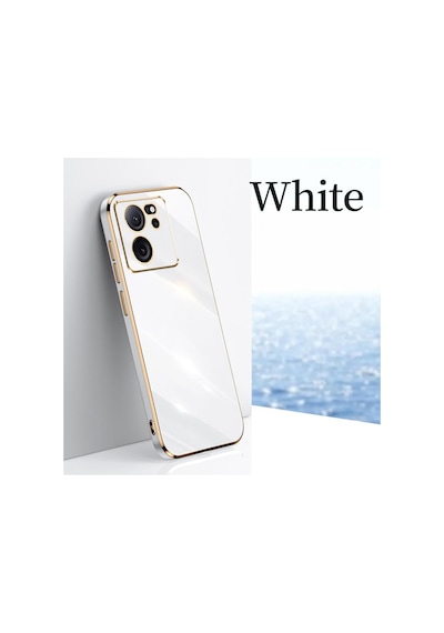 Fibaks Mi 13t/mi 13t Pro Uyumlu Kılıf Parlak Kenarlı Altın İşlemeli Kamera Korumalı Kapak White