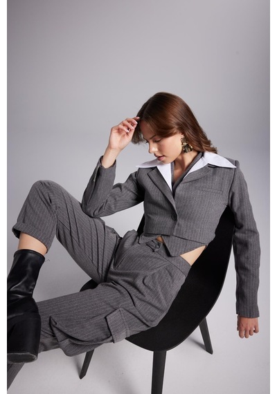 Holly Lolly Çıkarılabilir Gömlek Yakası Detaylı Çizgili Crop Kira Blazer Ceket Gri