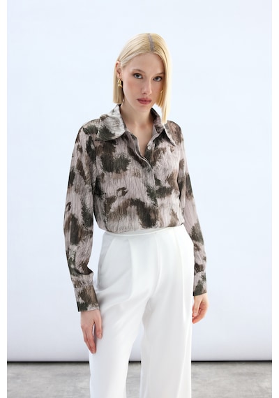Sateen Desenli Gömlek - Kahve-136914 kahve