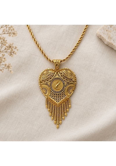 Kadın Gold Renk Kalp Formlu Püsküllü Otantik Hint İşi Uzun Kolye 60+5 Cm Renkli